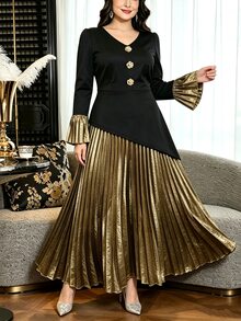 Modelyn Black Top With Gold Skirt, Elastic Waist, Versatile Fashionable Elegant Luxury Plus Size 2 Pieces Set - Black - View 3