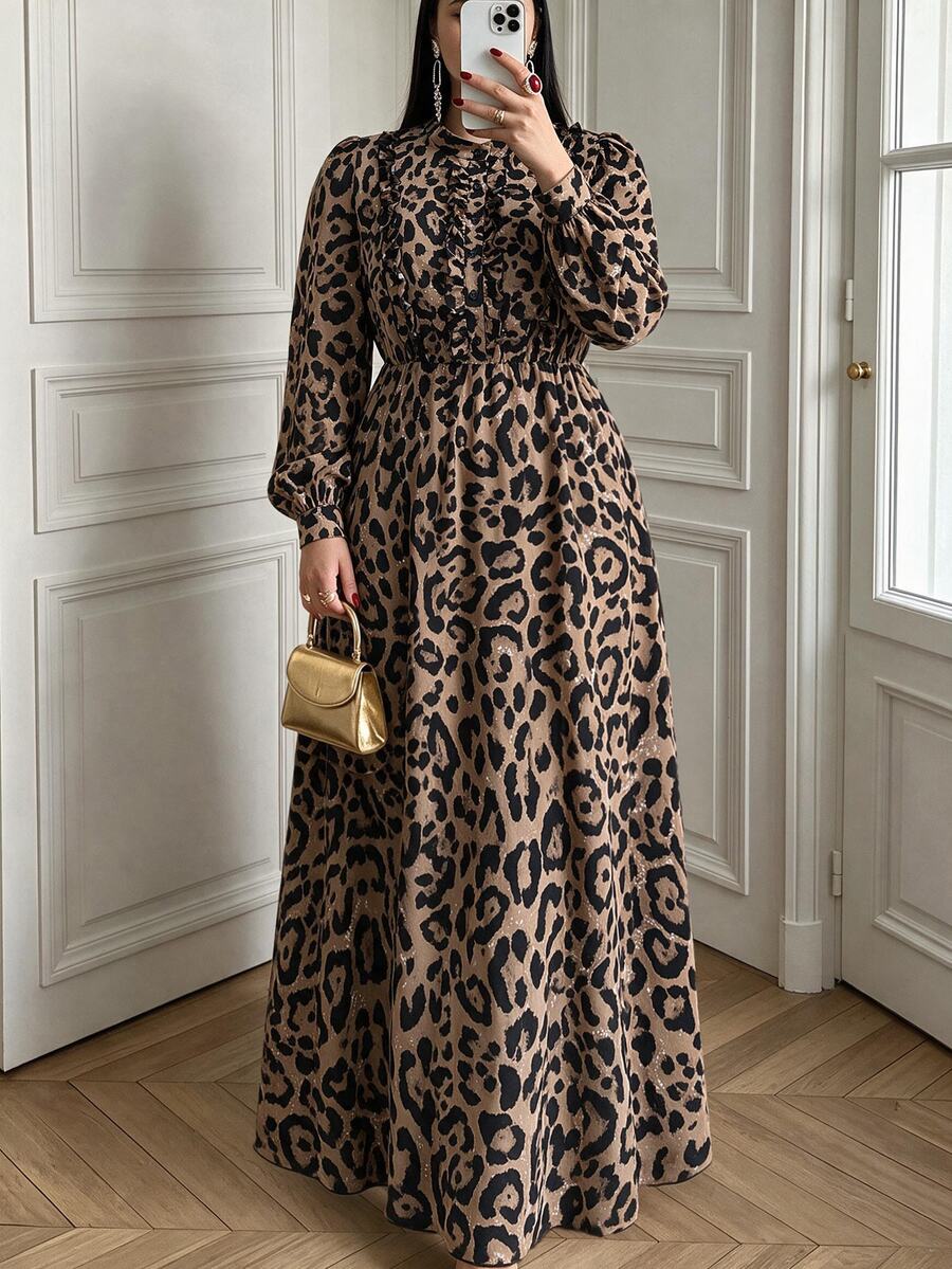 Elenzga Plus Size Leopard Print Ruffle Trim Stand Collar Puff Long Sleeve Waist Tie Elegant Flowy Maxi Dress - Multicolor - View 1