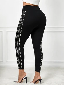 SHEIN Lady Women's Studded Decor Casual Daily Slim Fit Leggings - Black - View 2