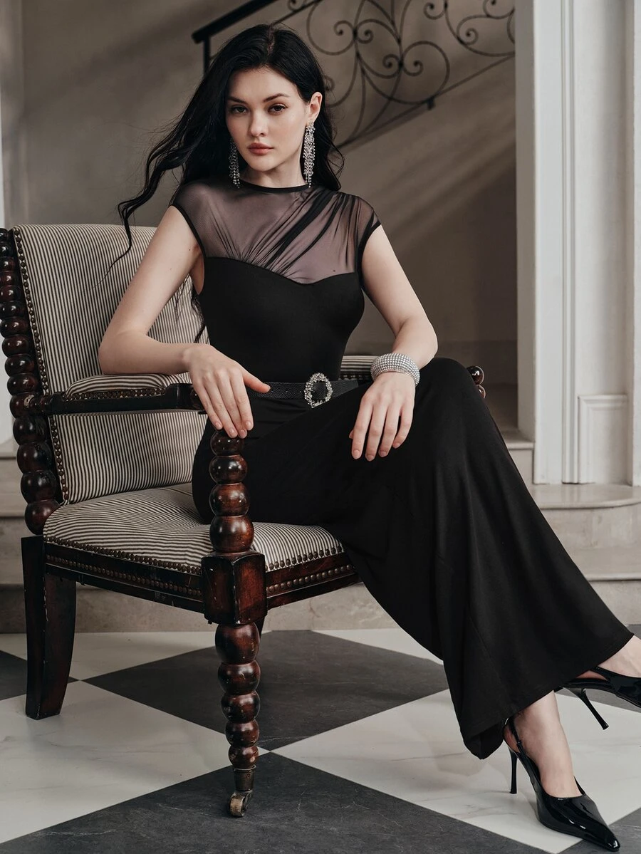 Anewsta New Autumn/Winter Elegant Fashion Sexy Party Date Holiday Mesh Patchwork Long Dress For Women - Black - View 1