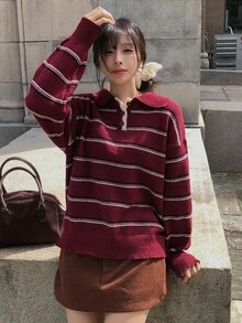 DAZY Women's Colorblock Striped Loose Fit Lapel Long Sleeve Casual Street Vacation Spring Autumn Winter Pullover Knit Sweater - Red - View 1