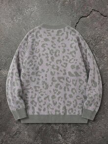 Manfinity Homme 男士豹紋單排扣休閒日常時尚長袖開襟衫，男孩秋冬日常新款 - 灰色 - 查看 2