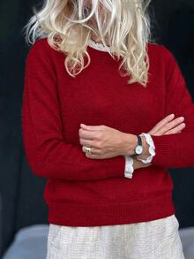 Sprig & Strand Spring/Summer Casual Comfortable Elegant Women's Knit Top, Solid Color Long Sleeve Pullover With Small Round Neck And Lace Patchwork, Office Commute Sweater - Red - View 3