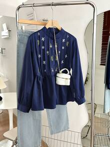 Lacomfia Embroidered Button Decor Striped Craft Long Sleeve Loose Fit Casual Versatile Navy Blue Shirt - Navy Blue - View 1