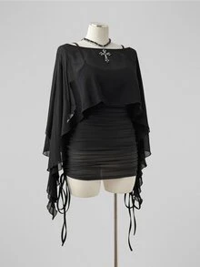 Sunspun Plus Size Spring/Summer Sheer Top & Fitted Drawstring Camisole Dress 2 Pieces Set - Black - View 5