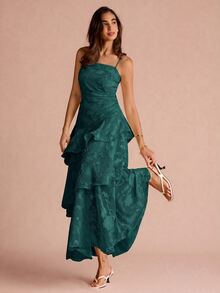 Enchnt Women's Spaghetti Strap Multi-Layer Ruffle Dress - Dark Green - View 6