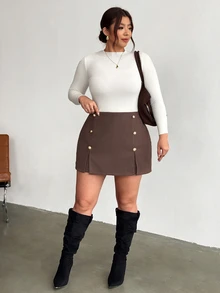 Firerie Plus Size Women's Fashion Double-Breasted Slit Design Shorts - Brown - View 6