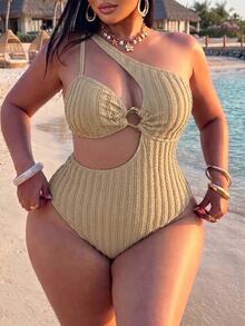 SHEIN Swim Plus Size One-Piece Fashion Asymmetrical Shoulder Swimsuit, Textured Ruched Waist And Abdomen With Cutout And Gold Ring Buckle Decor, Suitable For Casual Vacation Swimwear - Beige - View 4