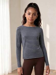 SHEIN Teen Girls Gray & Black Striped Collar Button Decor Lace Trim Design Long Sleeve Casual Versatile T-Shirt, Suitable For Spring & Autumn, Perfect For Daily Wear, Commuting, Travel, And Gatherings - White - View 1