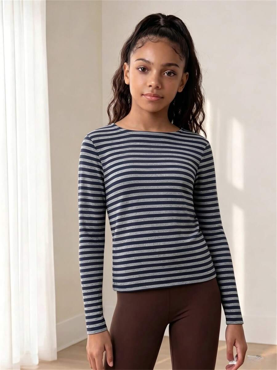 SHEIN Teen Girls Gray & Black Striped Collar Button Decor Lace Trim Design Long Sleeve Casual Versatile T-Shirt, Suitable For Spring & Autumn, Perfect For Daily Wear, Commuting, Travel, And Gatherings - White - View 1