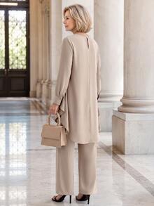 EMERY ROSE Middle-Aged Women's Solid Color Long Sleeve Top With Asymmetrical Hem And Long Pants, Comfortable And Minimalist, Suitable For Daily Wear And Outings - Apricot - View 3