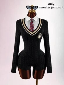 Amplova Women's Preppy V-Neck Cinched Waist Ultra Short Mini Romper - Black - View 5
