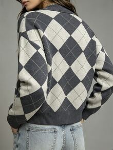 SHEIN Women's Diamond Pattern Long Sleeve Single-Breasted Casual Knit Cardigan - Multicolor - View 2