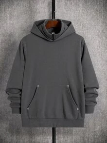 SHEIN 青少年男孩灰色雙層連帽衛衣，立領面罩設計，寬鬆版型，冬季開學季休閒舒適柔軟時尚秋季連帽衫 - 深灰色 - 查看 3