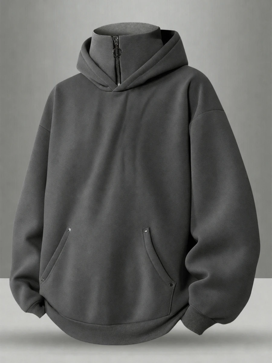 SHEIN 青少年男孩灰色雙層連帽衛衣,立領面罩設計,寬鬆版型,冬季開學季休閒舒適柔軟時尚秋季連帽衫 - 深灰色 - 查看 1