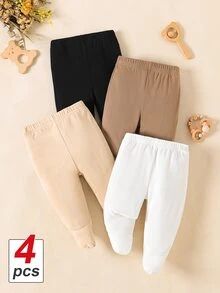 SHEIN Playful Pals 4件裝新生兒女嬰連腳褲腿緊身褲，可愛甜美，黑色、白色、米色、棕色純色，彈性腰頭修身款，輕便，適合派對、夏季、婚禮賓客、度假 - 彩色 - 查看 3