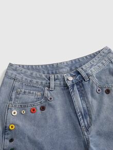 ROMWE Y2K Women's Autumn Colorful Button Decor Denim Shorts - Light Wash - View 3