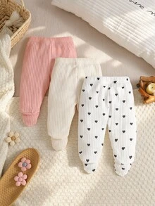 SHEIN 3件組女嬰幼兒女童連腳褲襪，可愛甜美粉色白色羅紋針織愛心印花，常規款，適合假日、秋季、聖誕節、婚禮賓客，高彈性 - 彩色 - 查看 3