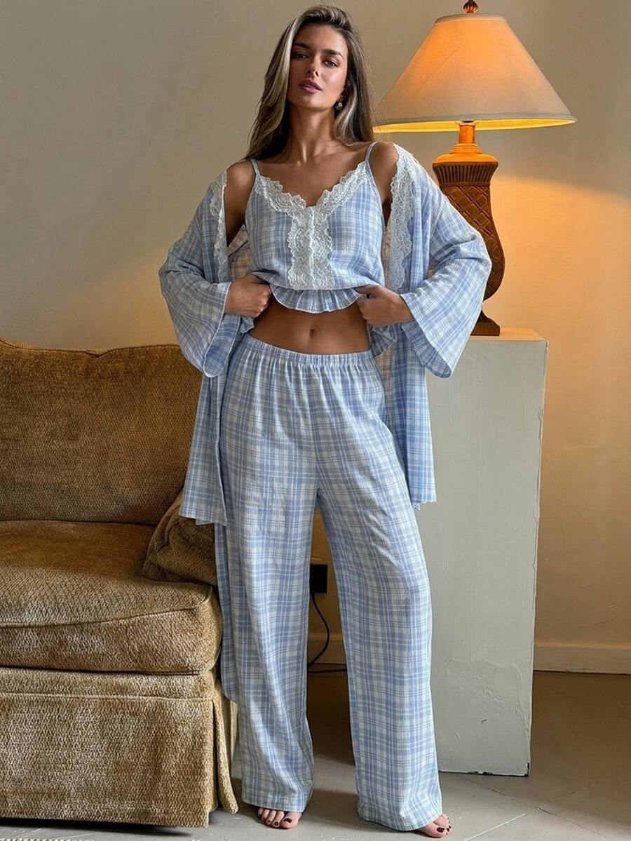 DAZY 3pcs/Set Women's Lace Patchwork Plaid Long Cardigan Robe & Straight Leg Long Pajama Pants Sleepwear Set - Blue - View 1