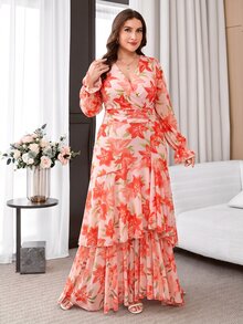 Reflora Plus Size Women's Floral Print V-Neck Ruffle Hem Elegant Dress - Red - View 3