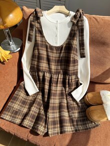 Comfortcana Plus Size Autumn Outerwear Brushed Khaki Vintage Plaid Overalls - Brown - View 4