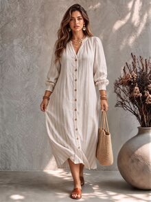 Ceyna Striped Plus Size Women's Notch V-Neck Long Sleeve Single-Breasted Casual Dress - Beige - View 3