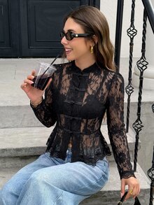 Serisse Women's Lace Frog Button Placket Ruffle Hem Blouse - Black - View 5