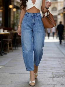 EMERY ROSE EMERY ROSE Plus Size Women's High Waist Tapered Casual Versatile Denim Jeans - Medium Wash - View 1