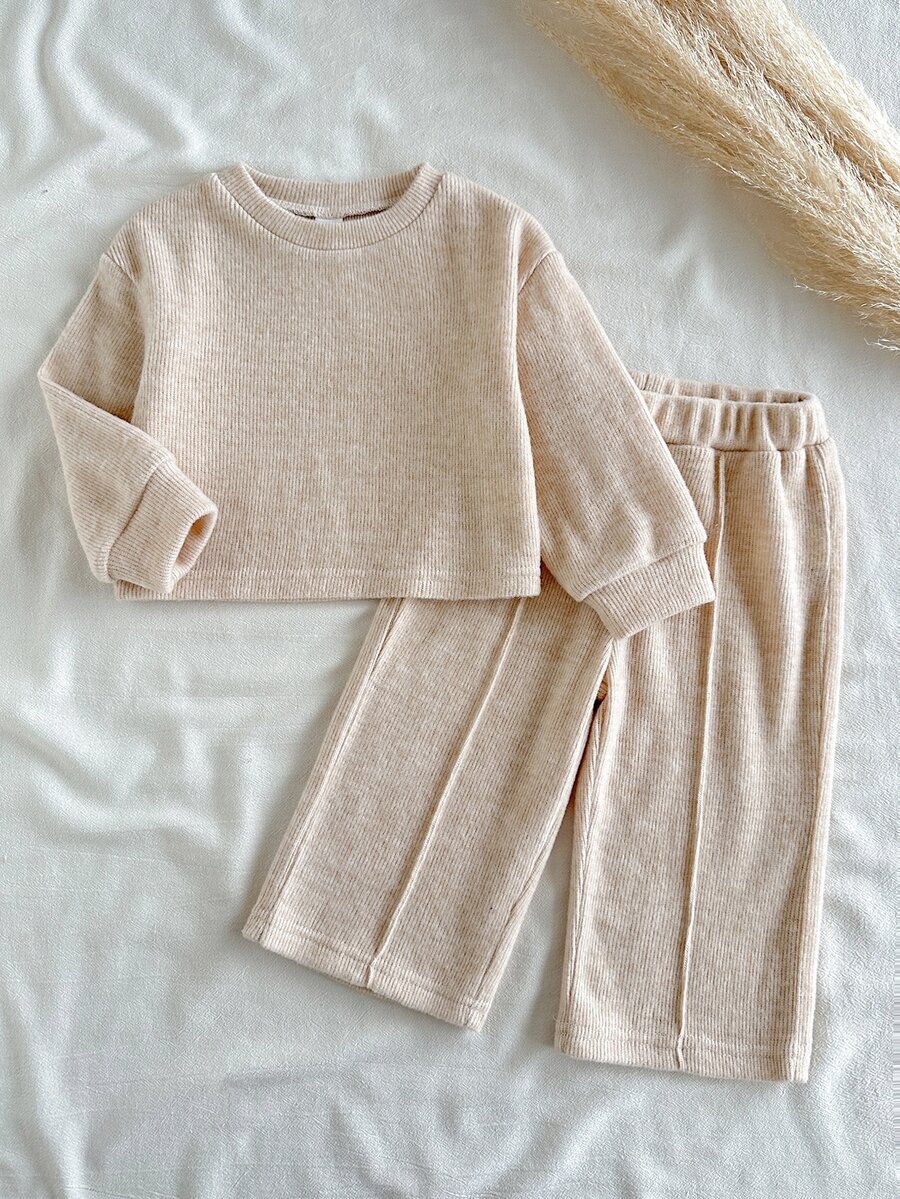 SHEIN Vintaside Kids 2件組女嬰上衣+寬腿褲,甜美優雅卡其色羅紋針織前縫線長袖圓領休閒款,適合生日、秋季、假日、聖誕節 - 卡其色 - 查看 1