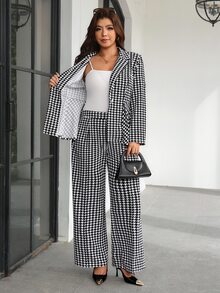 Chikora Plus Size Women's Houndstooth Lapel Neck Long Sleeve Jacket And Wide Leg Pants Elegant Suit Set - Blue - View 4