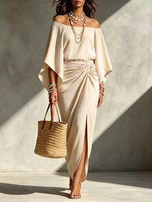 Linhara CURVE Plus Size Cold Shoulder Flutter Sleeve Side Knot Fitted Bodycon Dress, Off-Shoulder Bell Sleeve Twisted Waist Party Dress - Apricot - View 1