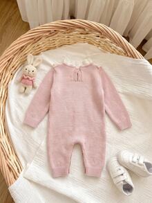 Newborn Bow Ribbon Decor Colorblock Patchwork 3D Ruffle Trim Loose Thick Elastic Knit Romper, Suitable For Winter - Pink - View 2