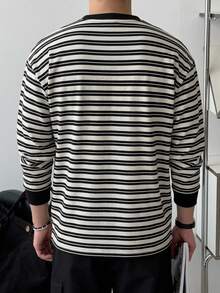 DAZY 春秋款棕色與藍色條紋布料圓領半開襟羅紋袖口男士T恤 - 灰色 - 查看 2