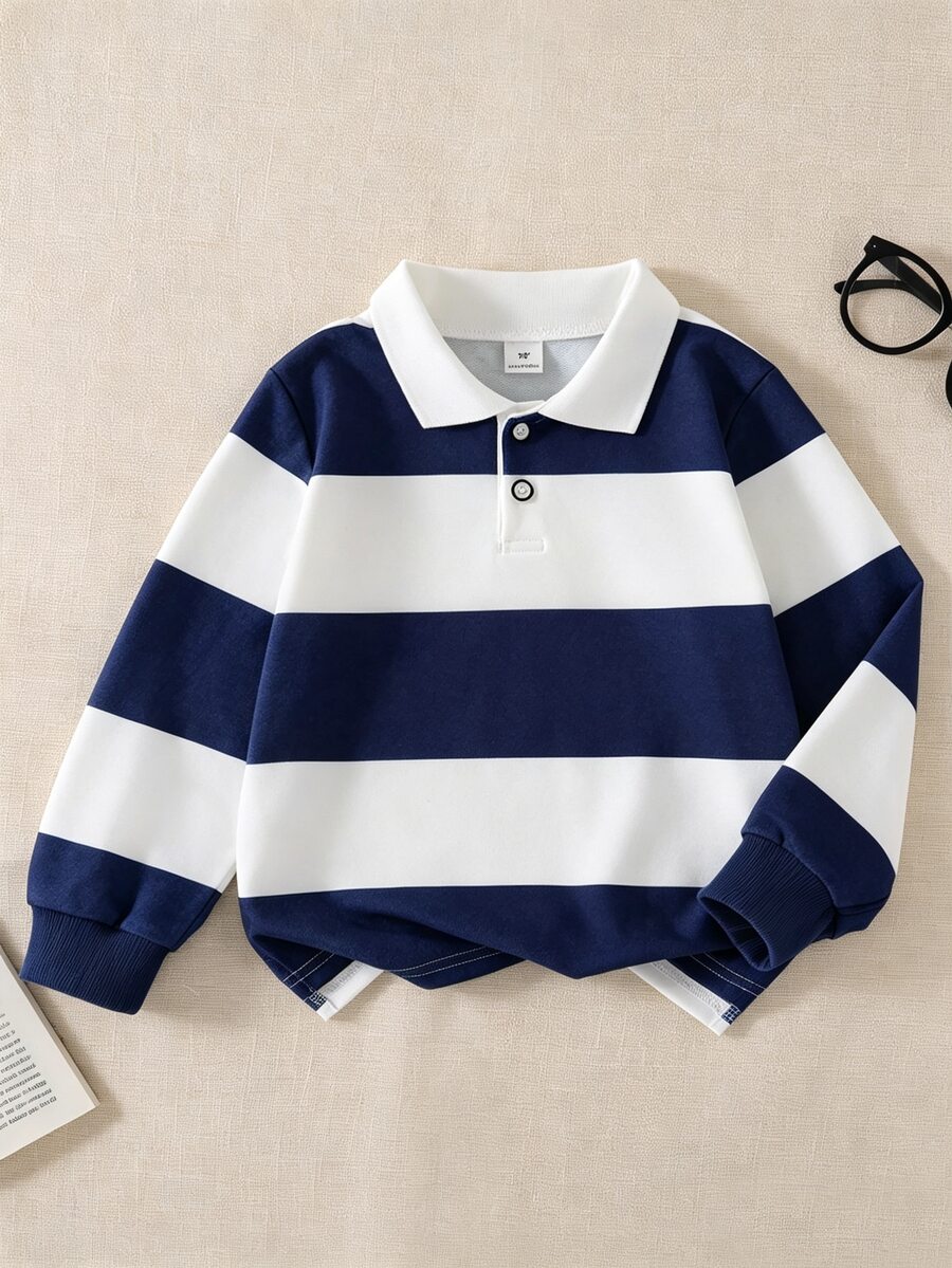 SHEIN Explorewe 男童條紋撞色學院領針織休閒寬鬆復古美式長袖 Polo 衫,適合校園與日常穿著 - 藏蓝色 - 查看 1
