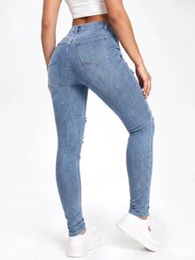 SHEIN EZwear Black Slant Pocket Ripped Skinny Jeans - Blue - View 2