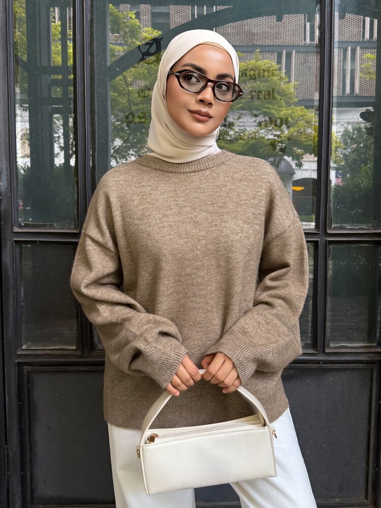DAZY Women's Autumn/Winter Camel Crew Neck Loose Drop Shoulder Minimalist Solid Color Basic Lazy Casual Commute Daily Sweater - Apricot - View 6