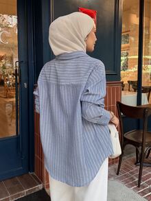 DAZY Women's Casual Striped Single-Breasted Long Sleeve Shirt - Blue - View 2