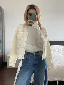 Livesso Women's White Round Neck Button Cable Knit Long Sleeve Slim Fit Ribbed Cardigan Sweater, Winter - White - View 6