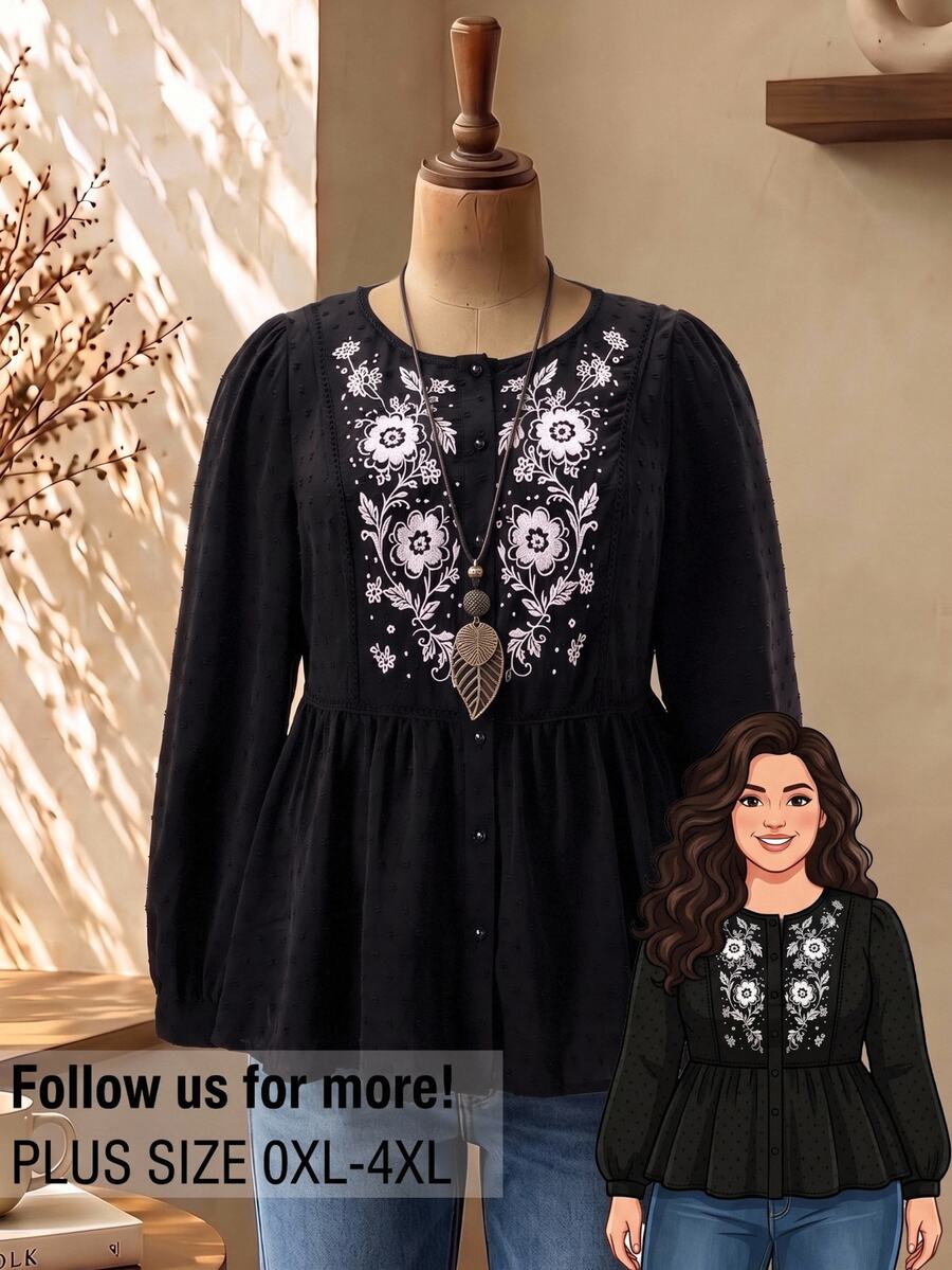 Rusticease Plus Size Vintage Jacquard Button Long Sleeve Shirt For Vacation - Black - View 1