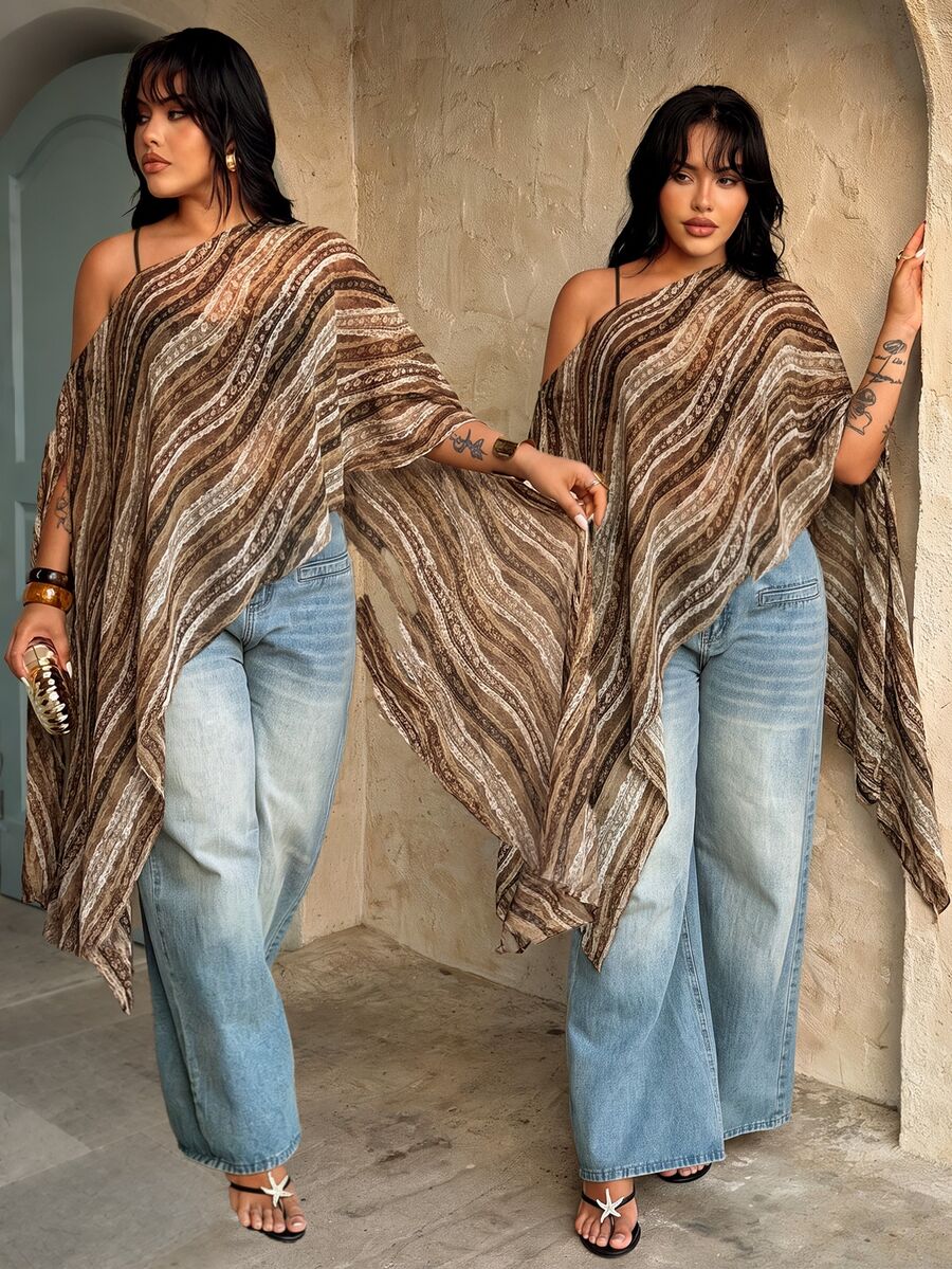 Rustia Blus Syal Chiffon Semi-Transparan Motif Leopard Elegan untuk Wanita Ukuran Plus dengan Bahu Asimetris - Coffee Brown - View 1