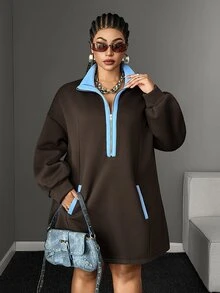 Maweii Plus Size Women's Colorblock Casual Everyday Long Sleeve Sweatshirt - Brown - View 2