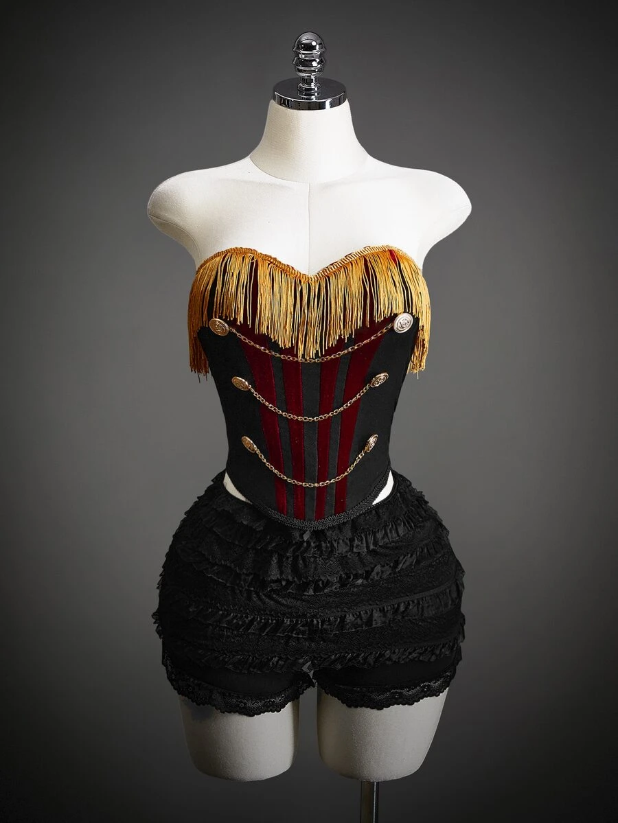 SHEIN ICON Women's Halloween Napoleon Corset Halloween Napoleon Corset Patchwork Tassel Button Chain Design Fashion Tube Top - Black and Gold - View 1