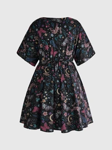 ROMWE Fairycore Vintage Mori Style Rabbit & Moon Print Plus Size Women's Short Sleeve Dress - Black - View 2