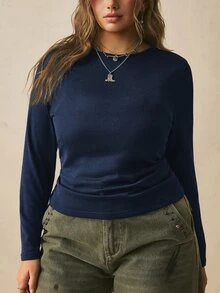 Freevana 大尺碼女款黑色長袖圓領保暖底層束腰 T 恤 - 藏蓝色 - 查看 10