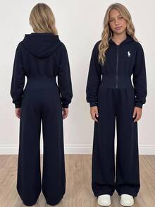 Girlism 青少年女孩連身衣與連身褲 秋冬加厚時尚極簡純色連帽拉鍊馬標誌印花高腰連身褲，適合日常與校園穿著 - 藏蓝色 - 查看 1