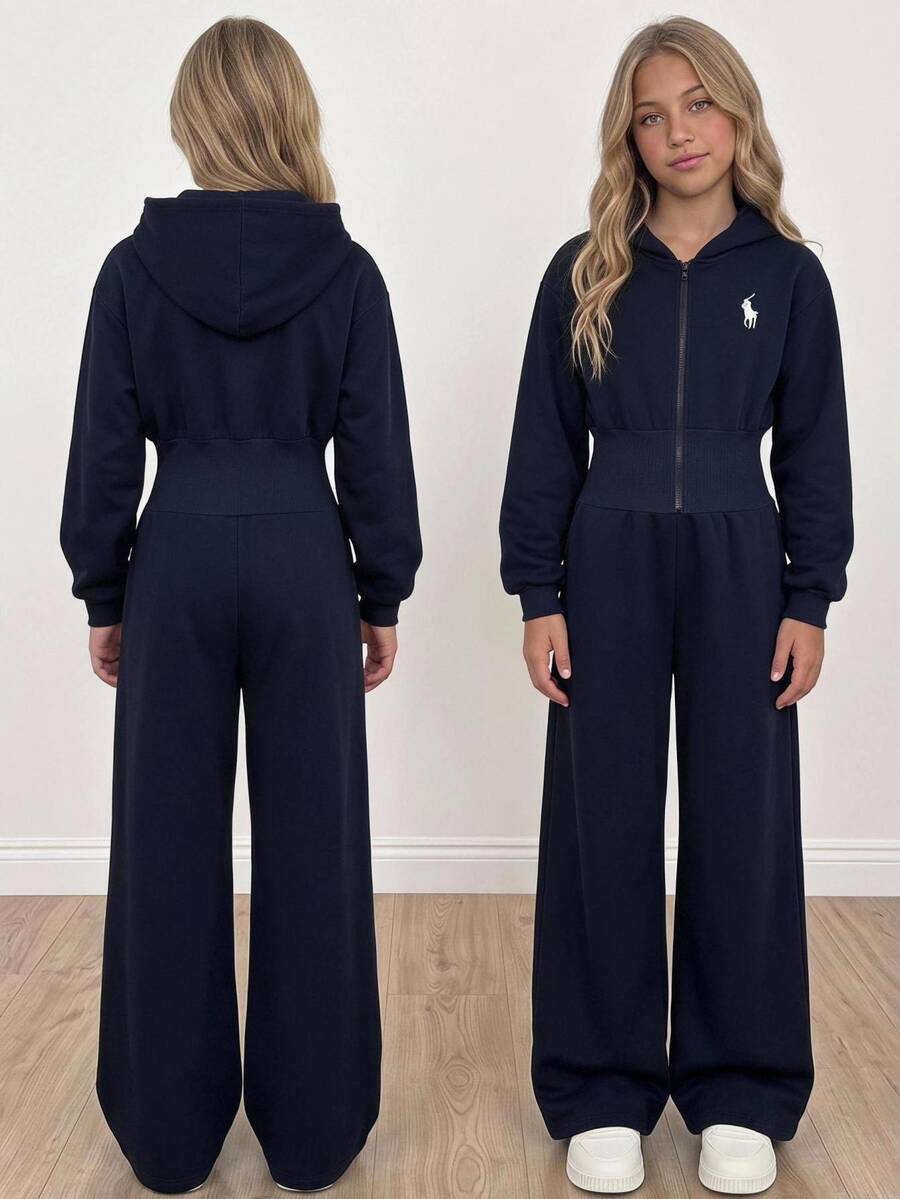 Girlism 青少年女孩連身衣與連身褲 秋冬加厚時尚極簡純色連帽拉鍊馬標誌印花高腰連身褲,適合日常與校園穿著 - 藏蓝色 - 查看 1