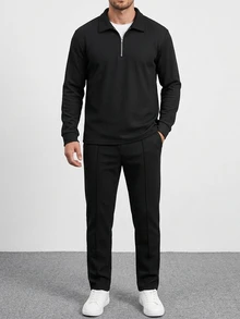 DAZY 男士春秋黑色華夫格面料微鬆版型拉鍊半開領 Polo 領 T 恤搭配彈性腰細腿長褲 2 件套 - 黑色 - 查看 3
