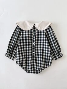 SHEIN 2件組女嬰連身衣套裝，甜美黑米色格紋蝴蝶結花朵荷葉邊長袖彼得潘領，生日派對秋季生日女孩節日彈性款 - 黑與白 - 查看 3