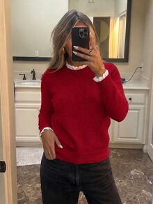 Sprig & Strand Spring/Summer Casual Comfortable Elegant Women's Knit Top, Solid Color Long Sleeve Pullover With Small Round Neck And Lace Patchwork, Office Commute Sweater - Red - View 7