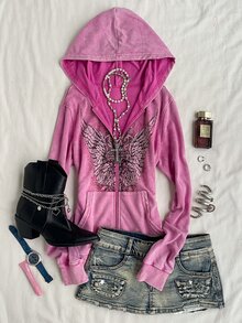 Attitoon Casual Street Style Deep Purple Red Snowflake & Wing Graphic Women's Long Sleeve Sweatshirt, Suitable For Autumn/Winter, Y2K - Red Violet - View 1